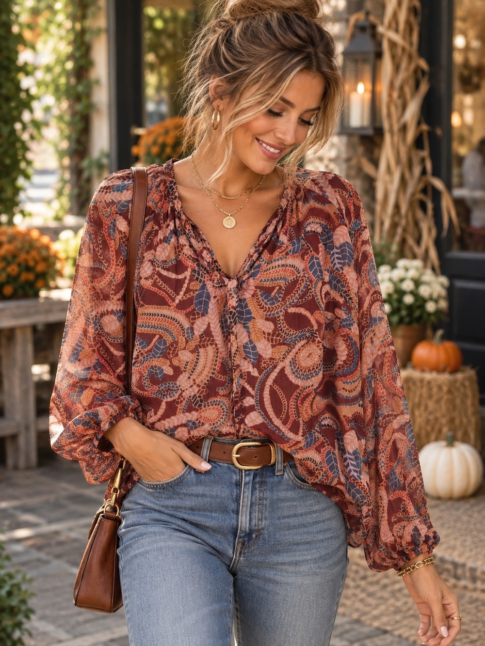 Philosophy Rust Paisley Peasant Blouse